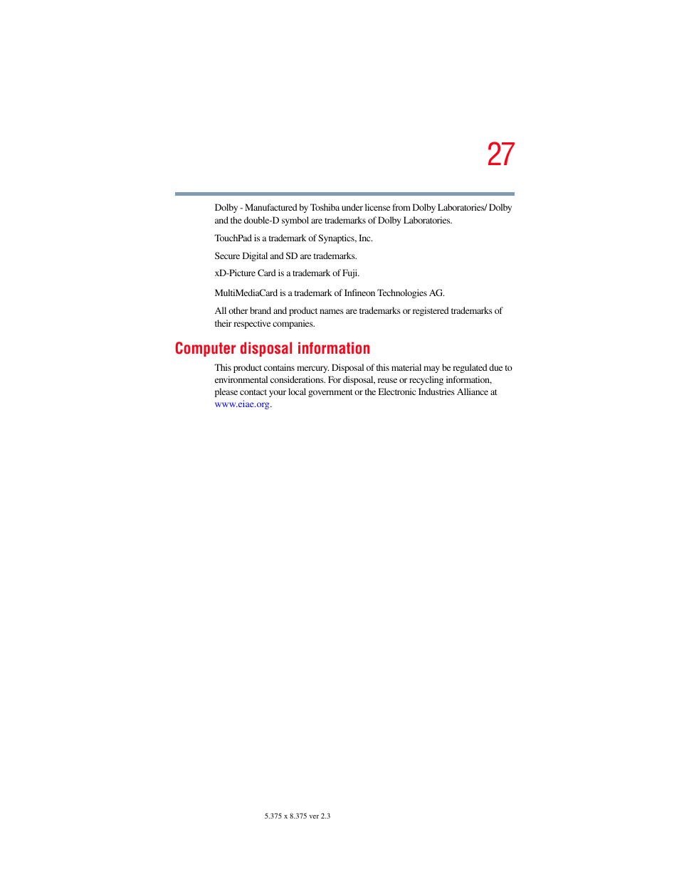 Computer disposal information | Toshiba F15 User Manual | Page 27 / 328