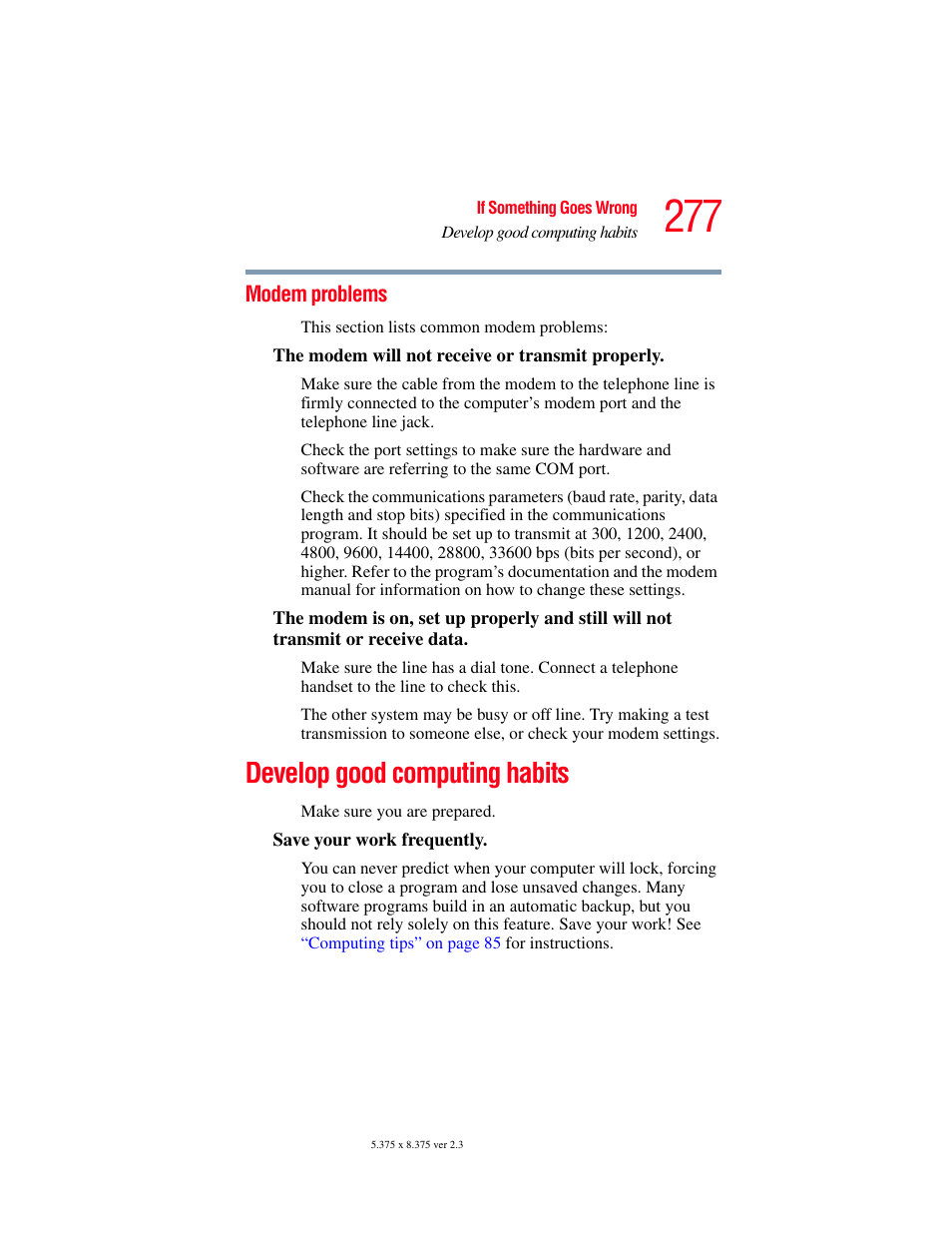 Modem problems, Develop good computing habits | Toshiba F15 User Manual | Page 277 / 328