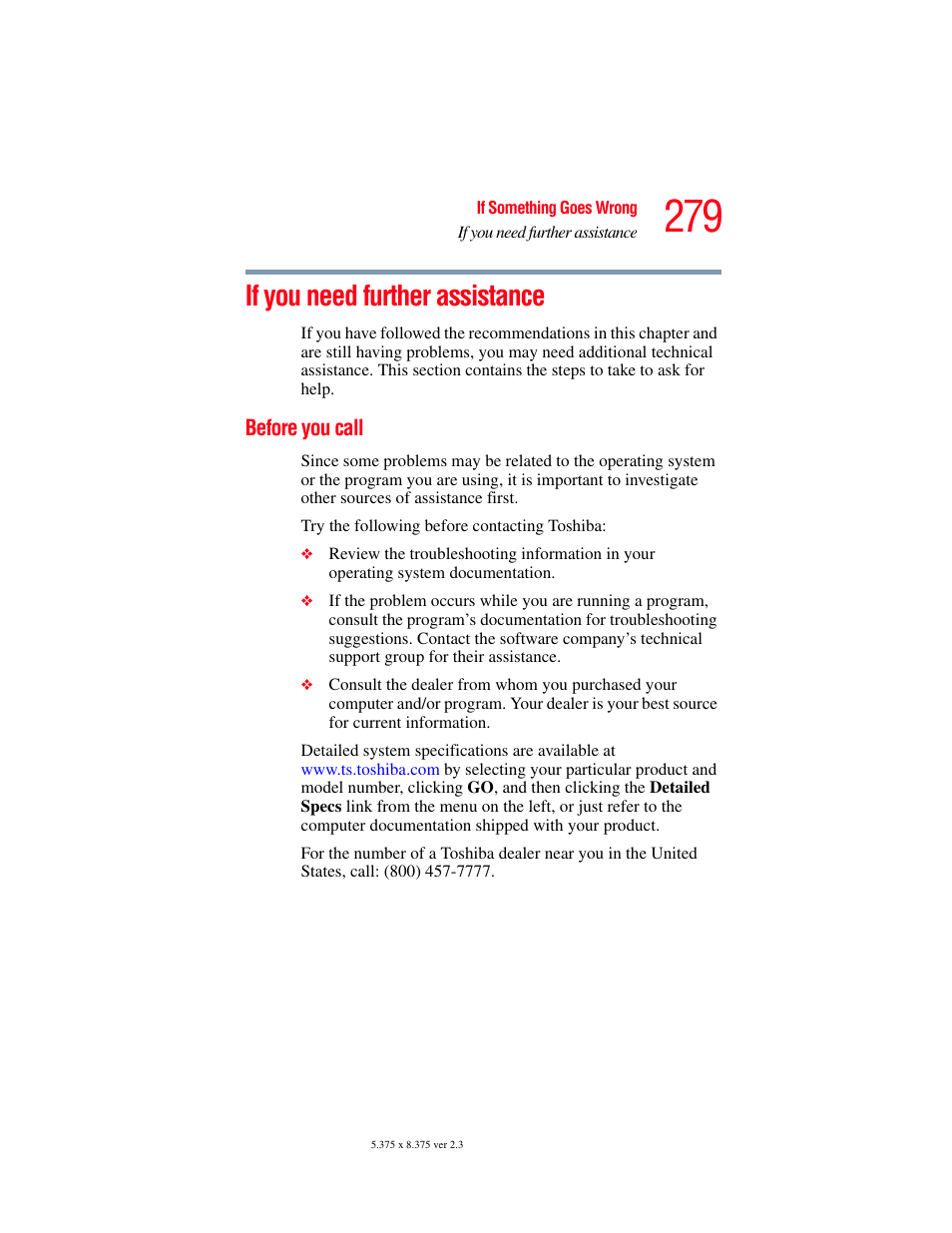 If you need further assistance, Before you call | Toshiba F15 User Manual | Page 279 / 328