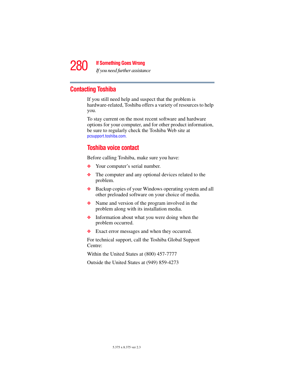 Contacting toshiba, Toshiba voice contact | Toshiba F15 User Manual | Page 280 / 328