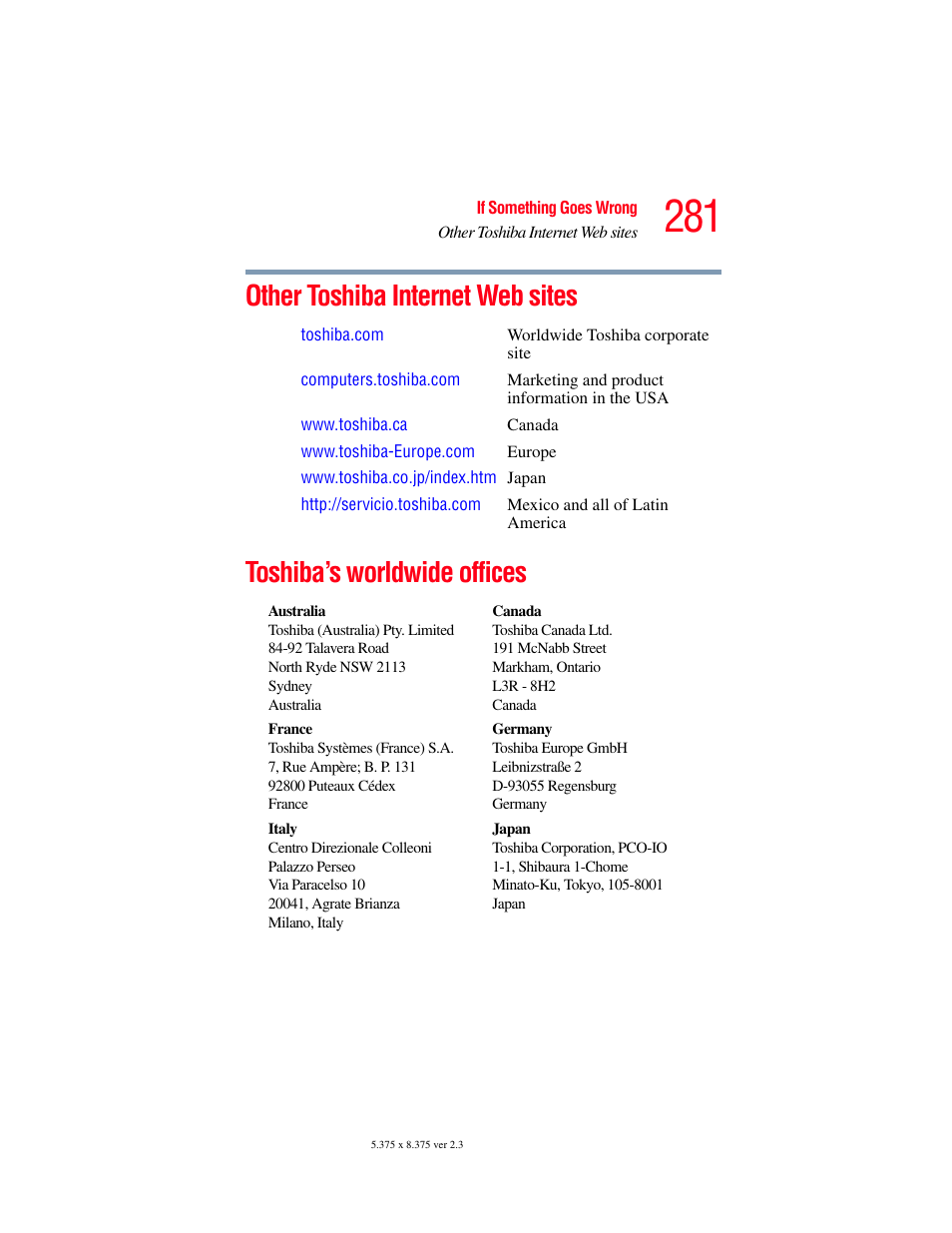 Other toshiba internet web sites, Toshiba’s worldwide offices | Toshiba F15 User Manual | Page 281 / 328