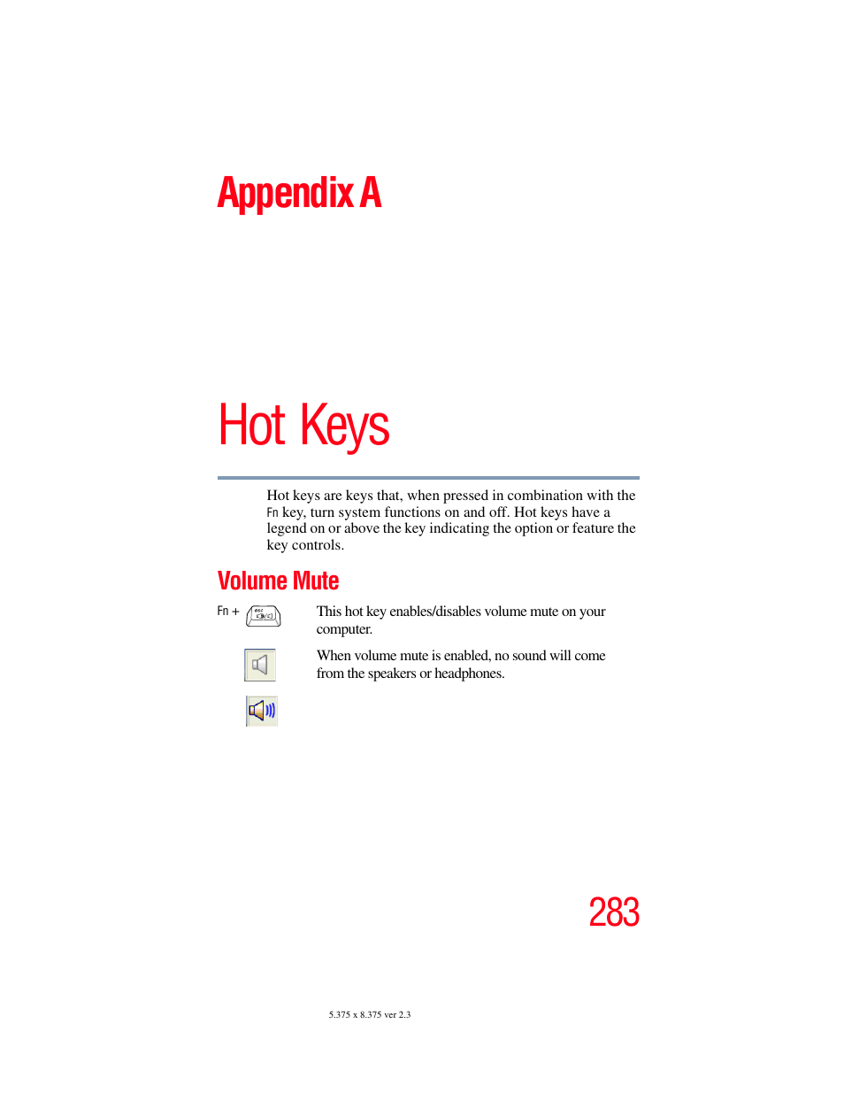 Appendix a: hot keys, Volume mute, Hot keys | Appendix a | Toshiba F15 User Manual | Page 283 / 328