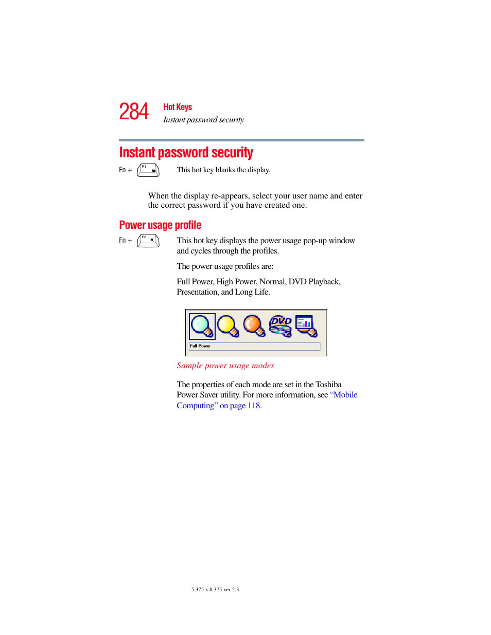 Instant password security, Power usage profile | Toshiba F15 User Manual | Page 284 / 328