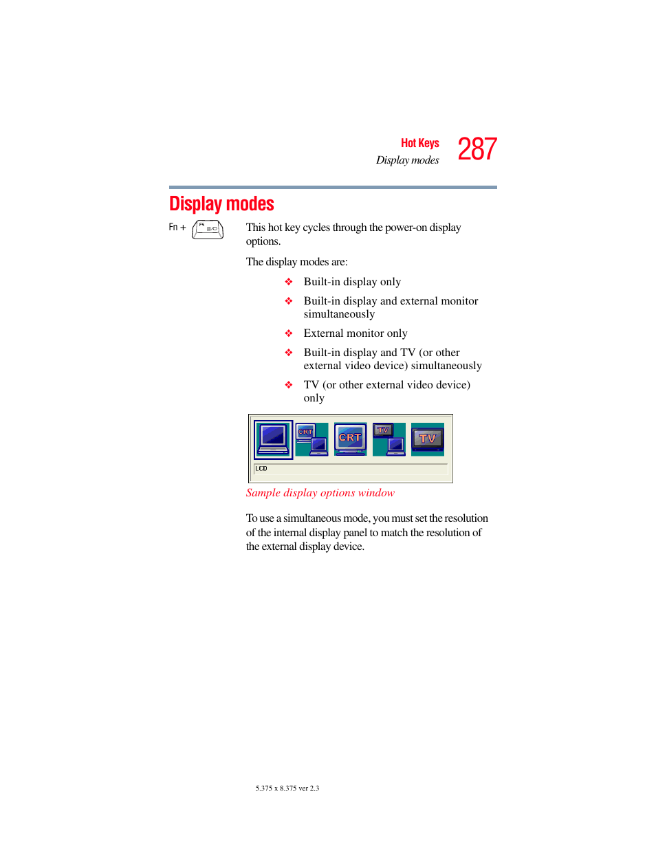 Display modes | Toshiba F15 User Manual | Page 287 / 328