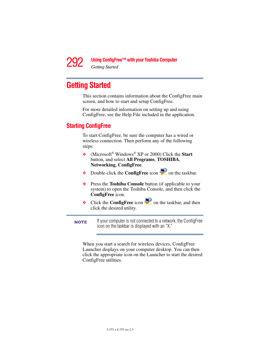 Getting started, Starting configfree | Toshiba F15 User Manual | Page 292 / 328