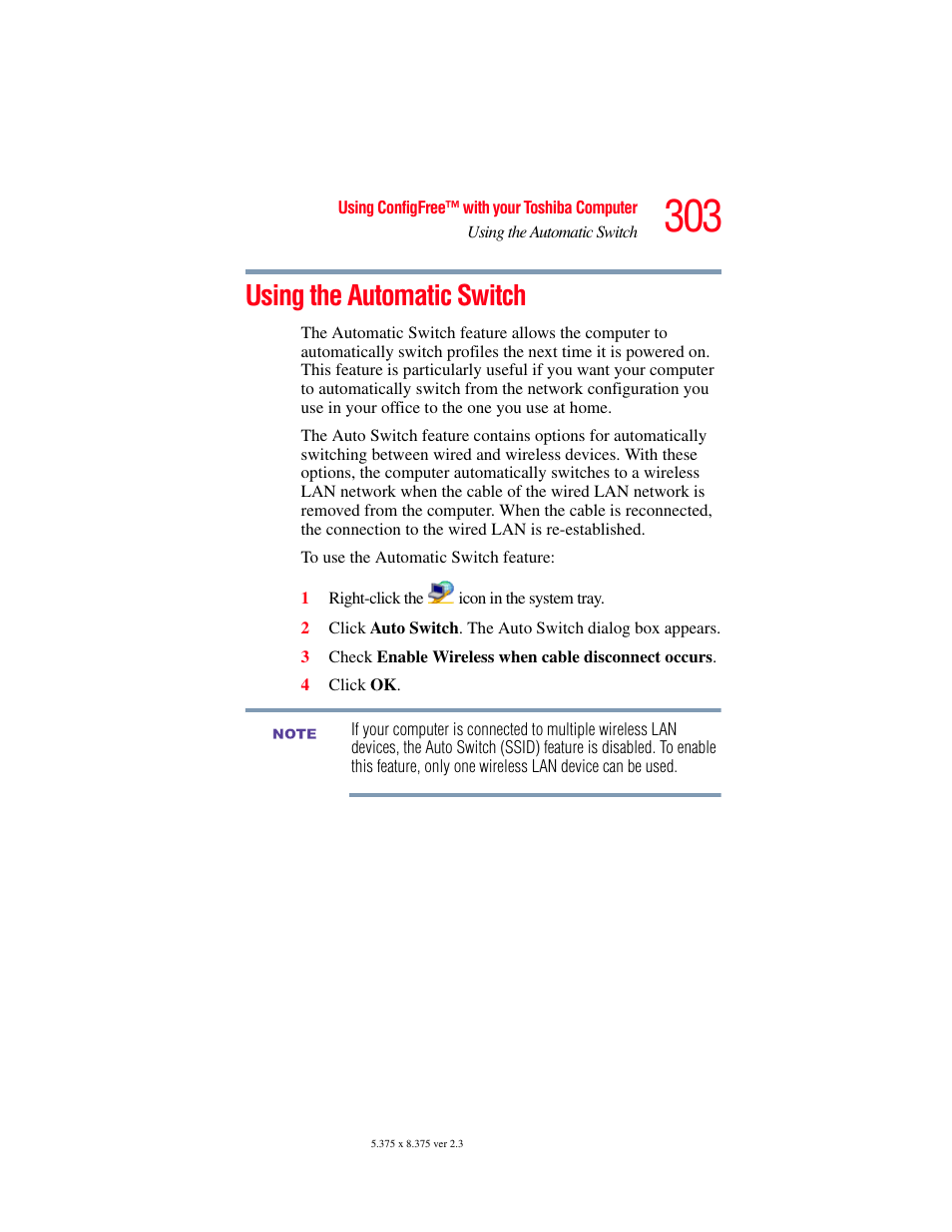 Using the automatic switch | Toshiba F15 User Manual | Page 303 / 328