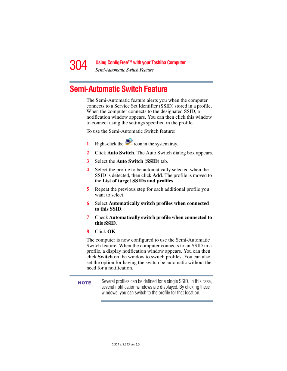 Semi-automatic switch feature | Toshiba F15 User Manual | Page 304 / 328