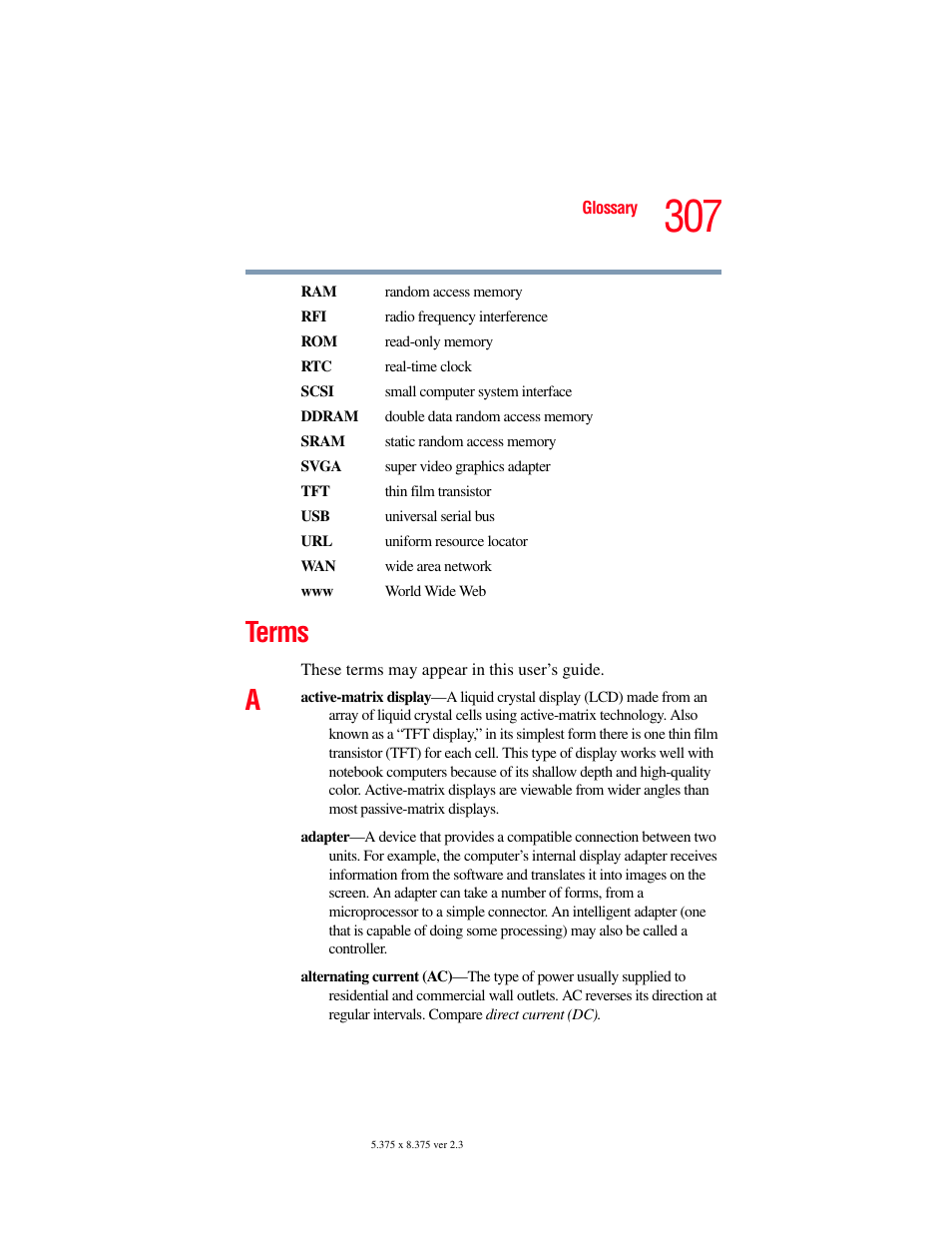 Terms | Toshiba F15 User Manual | Page 307 / 328