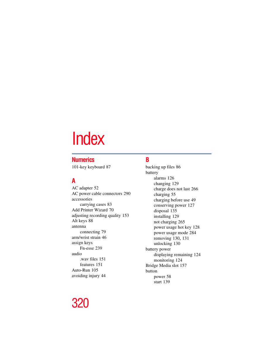 Index, Numerics | Toshiba F15 User Manual | Page 320 / 328