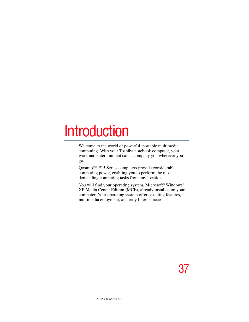 Introduction | Toshiba F15 User Manual | Page 37 / 328