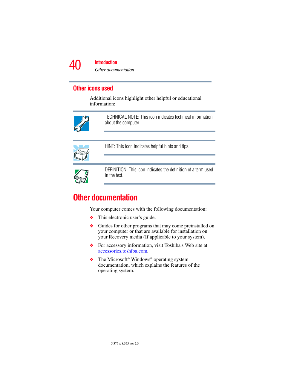 Other icons used, Other documentation | Toshiba F15 User Manual | Page 40 / 328