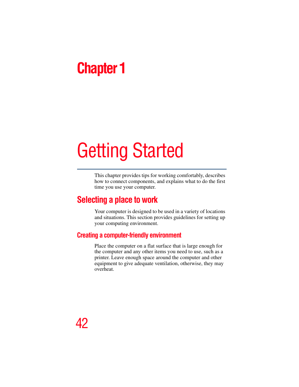 Chapter 1: getting started, Selecting a place to work, Creating a computer-friendly environment | Getting started, Chapter 1 | Toshiba F15 User Manual | Page 42 / 328