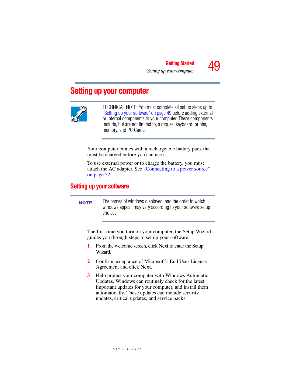 Setting up your computer, Setting up your software | Toshiba F15 User Manual | Page 49 / 328