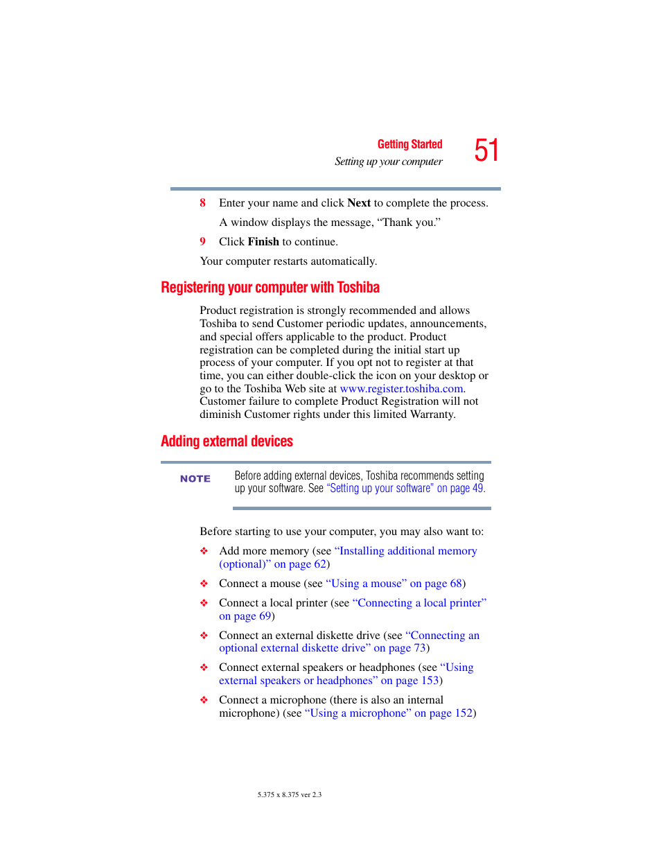 Registering your computer with toshiba, Adding external devices | Toshiba F15 User Manual | Page 51 / 328