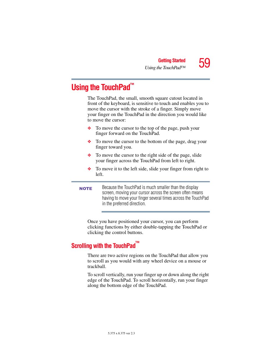 Using the touchpad, Scrolling with the touchpad | Toshiba F15 User Manual | Page 59 / 328