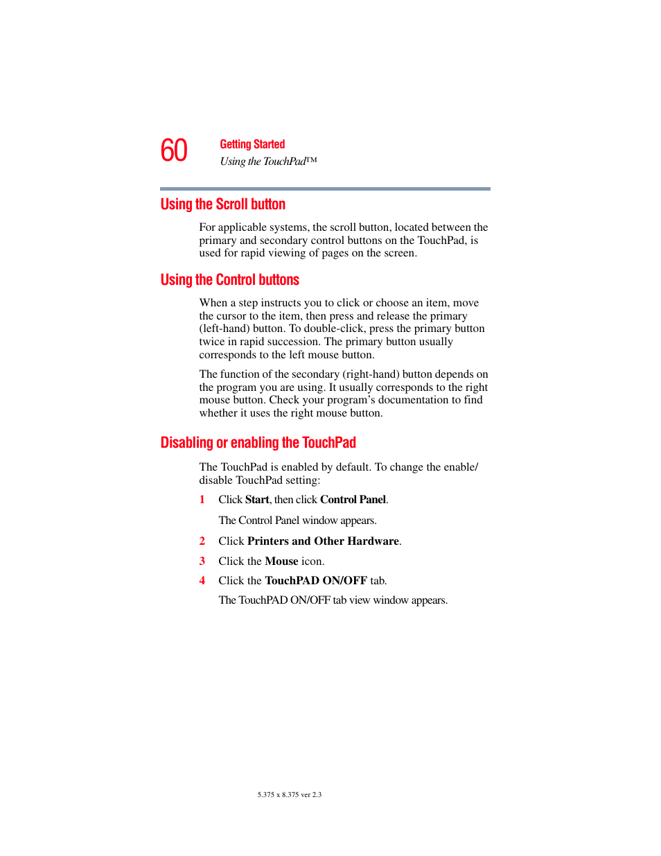 Using the scroll button, Using the control buttons, Disabling or enabling the touchpad | Toshiba F15 User Manual | Page 60 / 328