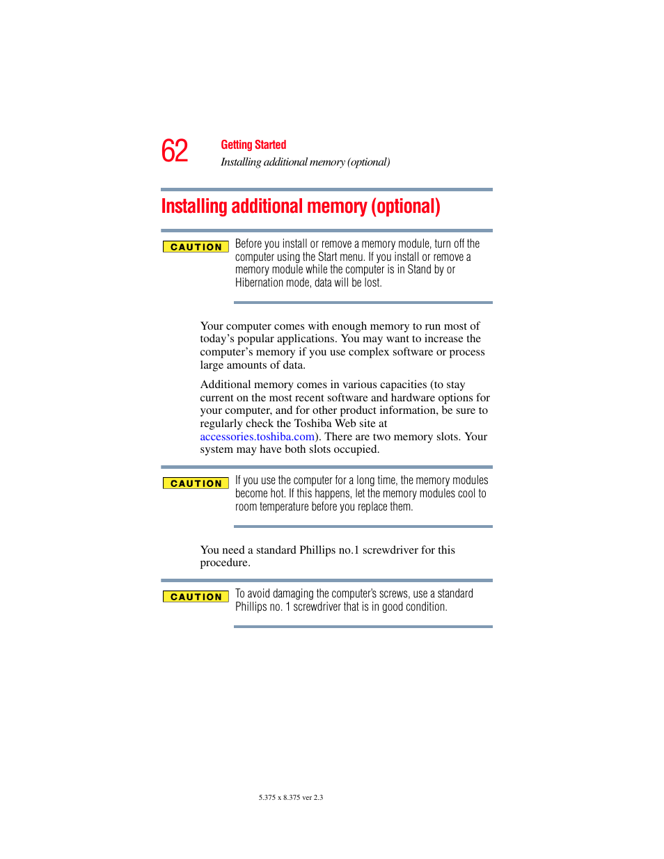 Installing additional memory (optional), Installing additional memory | Toshiba F15 User Manual | Page 62 / 328