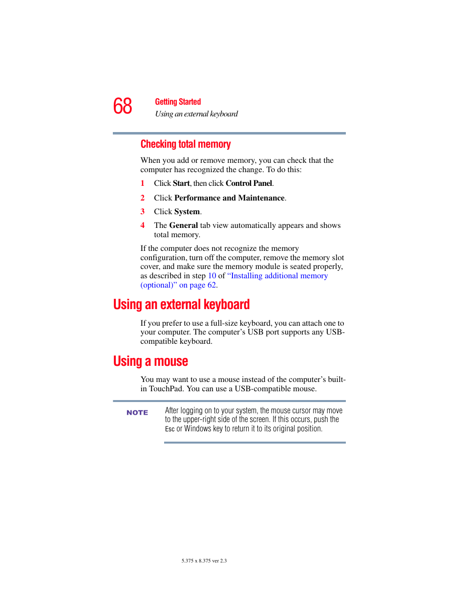 Using an external keyboard, Using a mouse, Using an external keyboard using a mouse | Toshiba F15 User Manual | Page 68 / 328