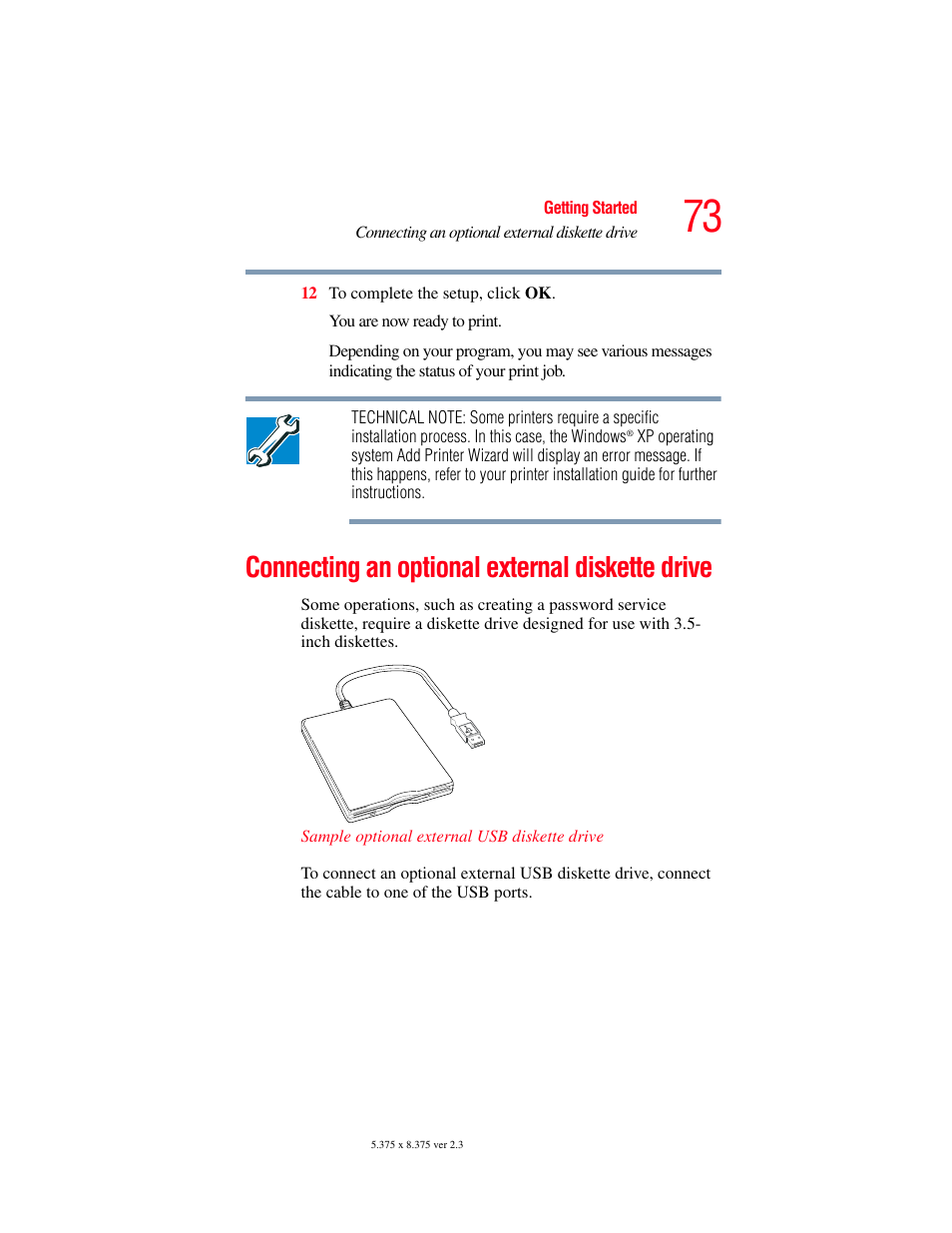 Connecting an optional external diskette drive, Connecting an | Toshiba F15 User Manual | Page 73 / 328