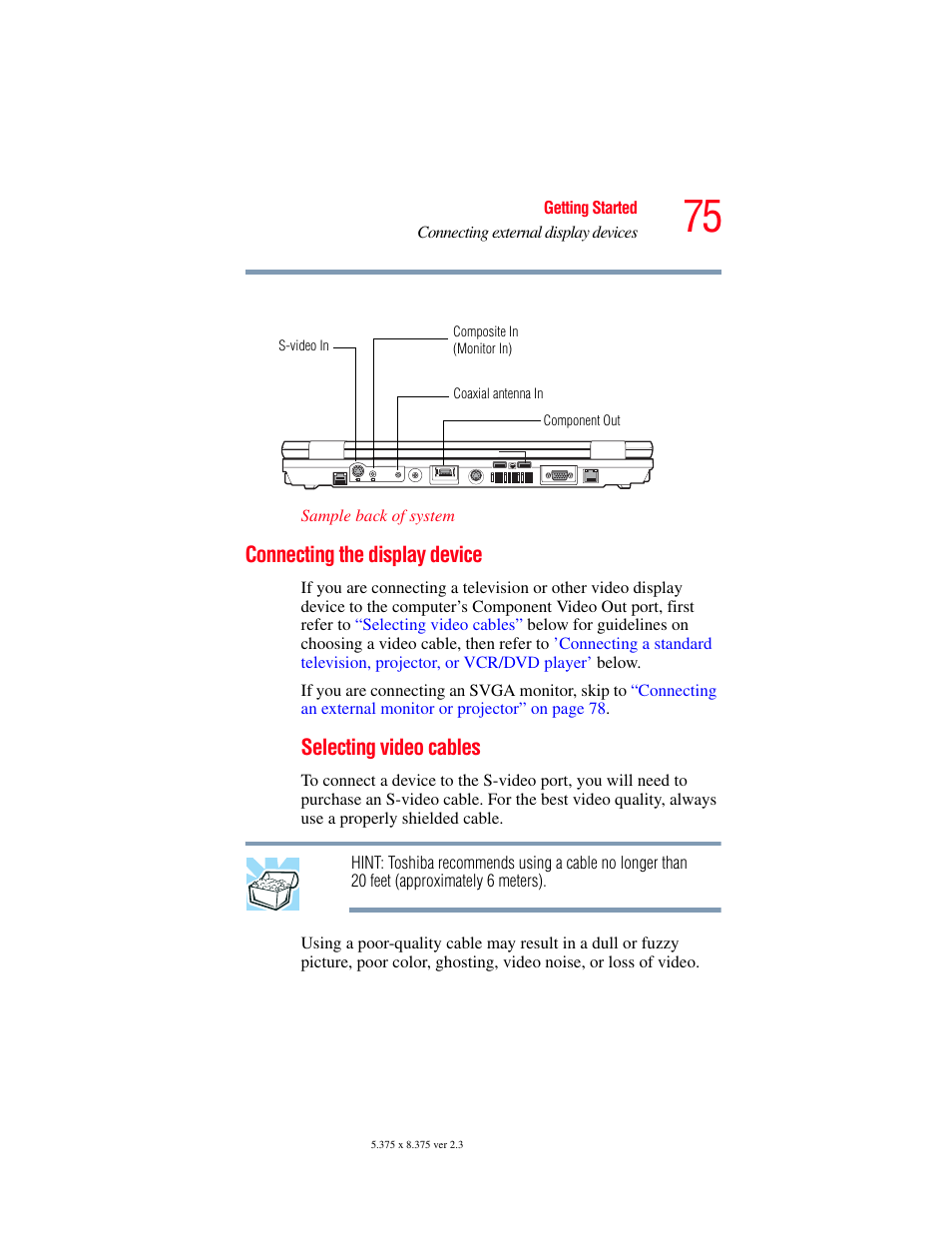 Connecting the display device, Selecting video cables | Toshiba F15 User Manual | Page 75 / 328