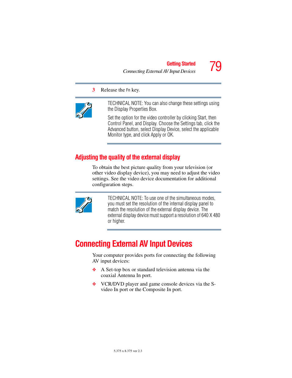 Adjusting the quality of the external display, Connecting external av input devices | Toshiba F15 User Manual | Page 79 / 328