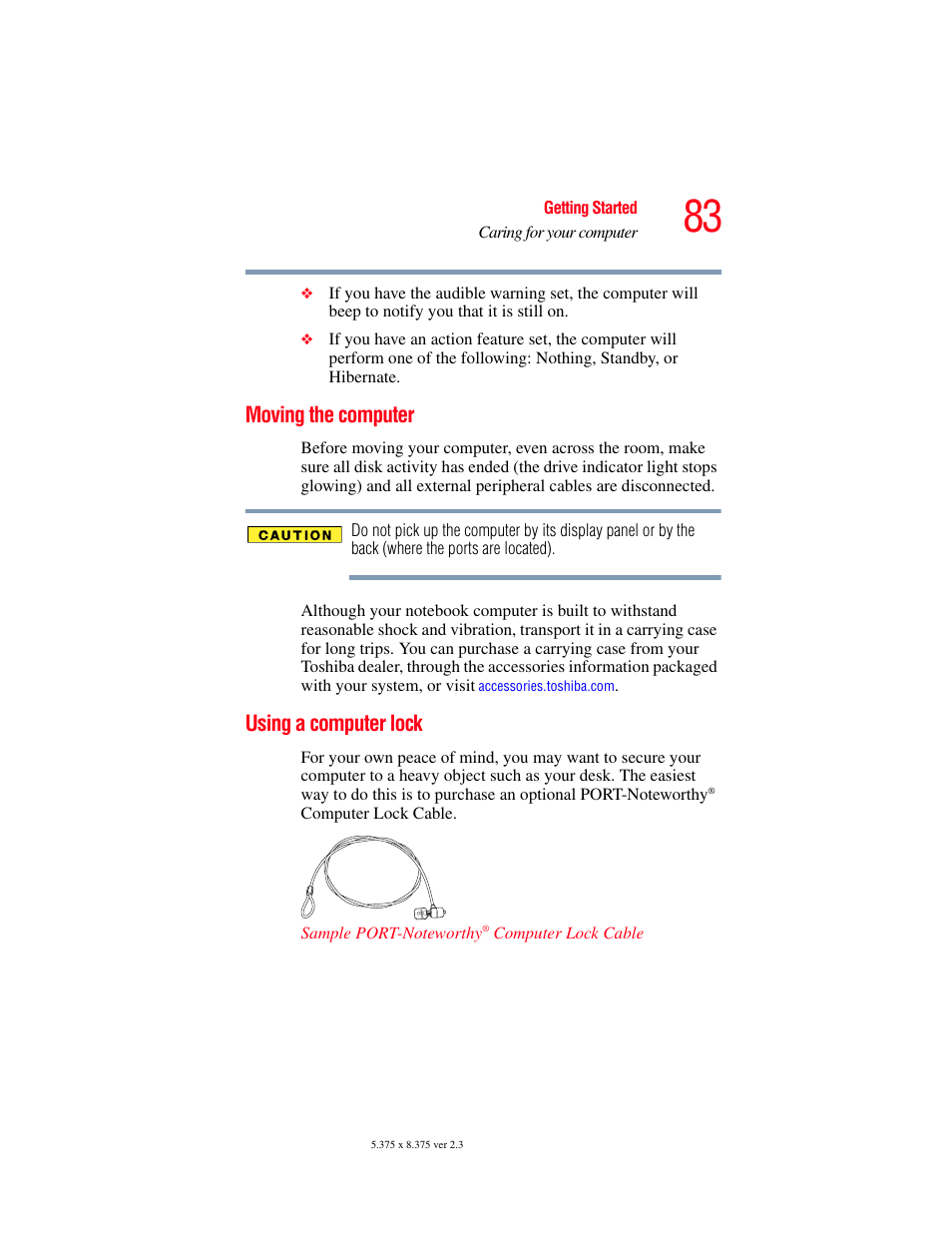 Moving the computer, Using a computer lock, Moving the computer using a computer lock | Toshiba F15 User Manual | Page 83 / 328