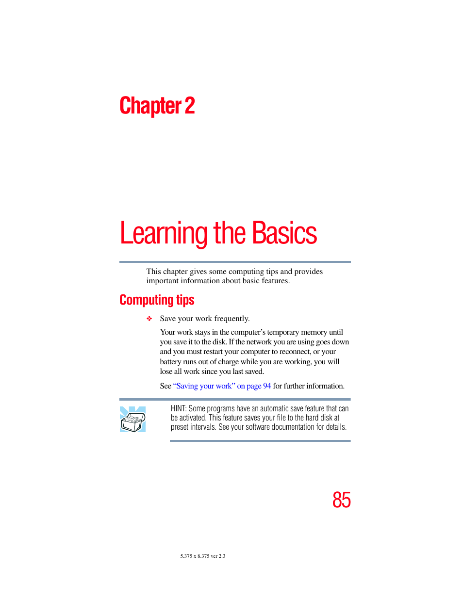 Chapter 2: learning the basics, Computing tips, Learning the basics | Chapter 2 | Toshiba F15 User Manual | Page 85 / 328