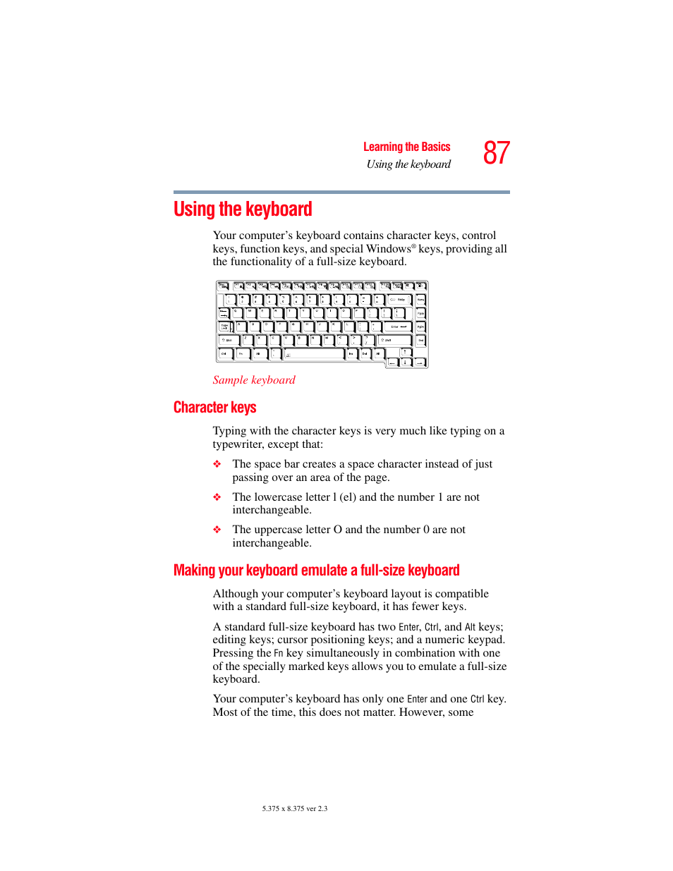 Using the keyboard, Character keys, Making your keyboard emulate a full-size keyboard | Keyboard | Toshiba F15 User Manual | Page 87 / 328