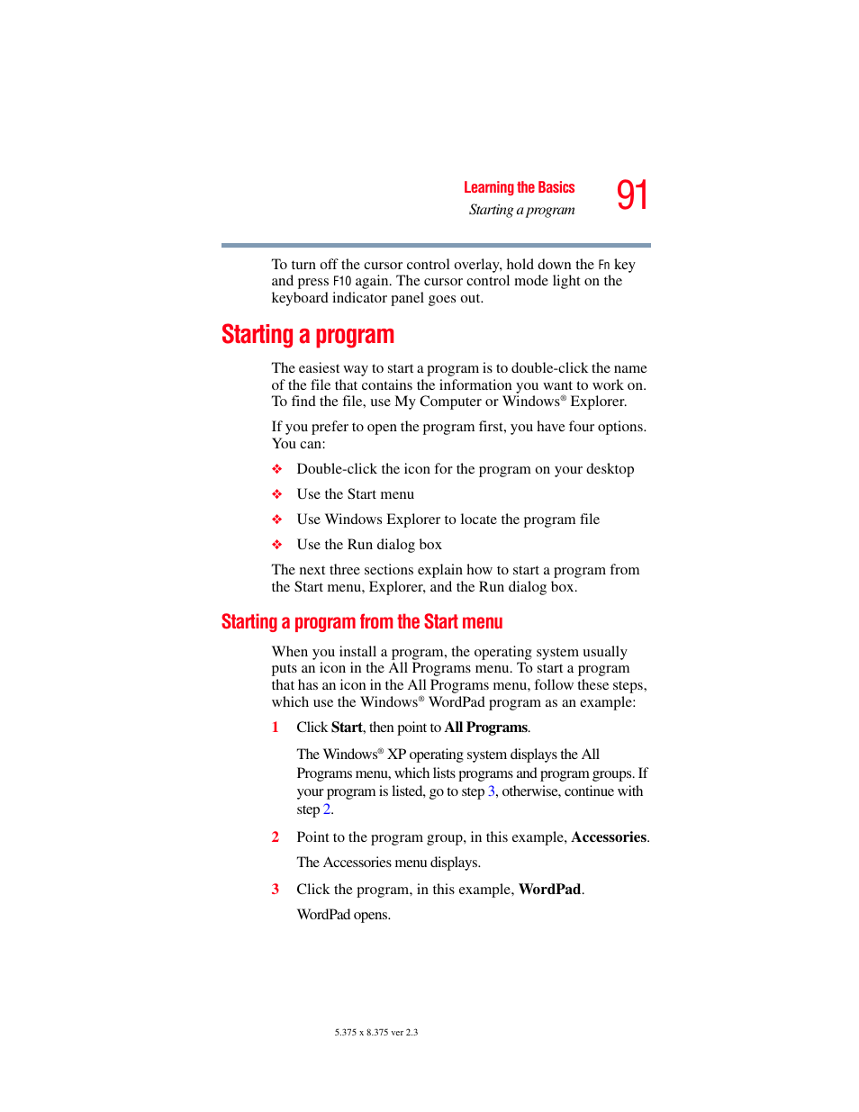 Starting a program, Starting a program from the start menu | Toshiba F15 User Manual | Page 91 / 328