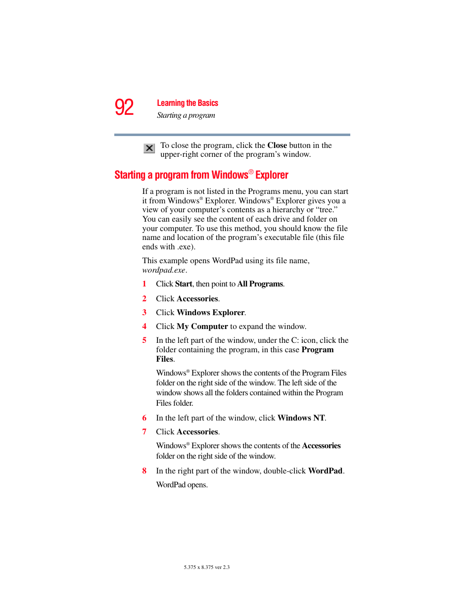 Starting a program from windows ® explorer, Starting a program from windows, Explorer | Toshiba F15 User Manual | Page 92 / 328