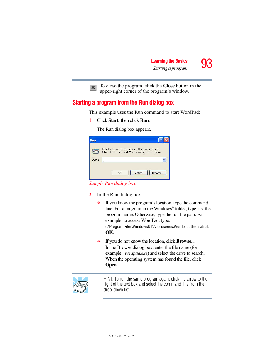 Starting a program from the run dialog box | Toshiba F15 User Manual | Page 93 / 328