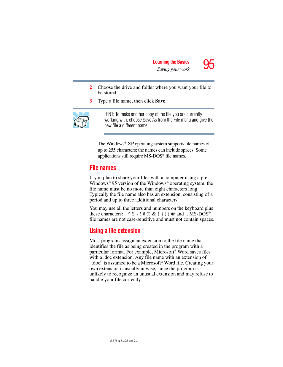 File names, Using a file extension | Toshiba F15 User Manual | Page 95 / 328