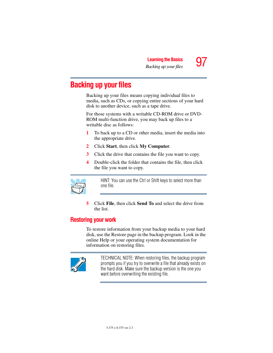 Backing up your files, Restoring your work | Toshiba F15 User Manual | Page 97 / 328