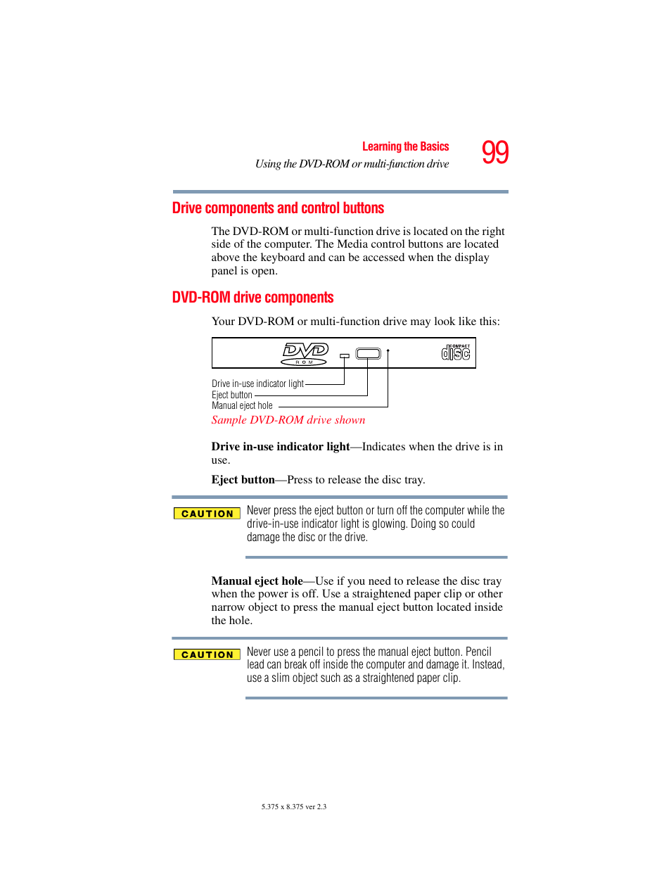 Drive components and control buttons, Dvd-rom drive components | Toshiba F15 User Manual | Page 99 / 328