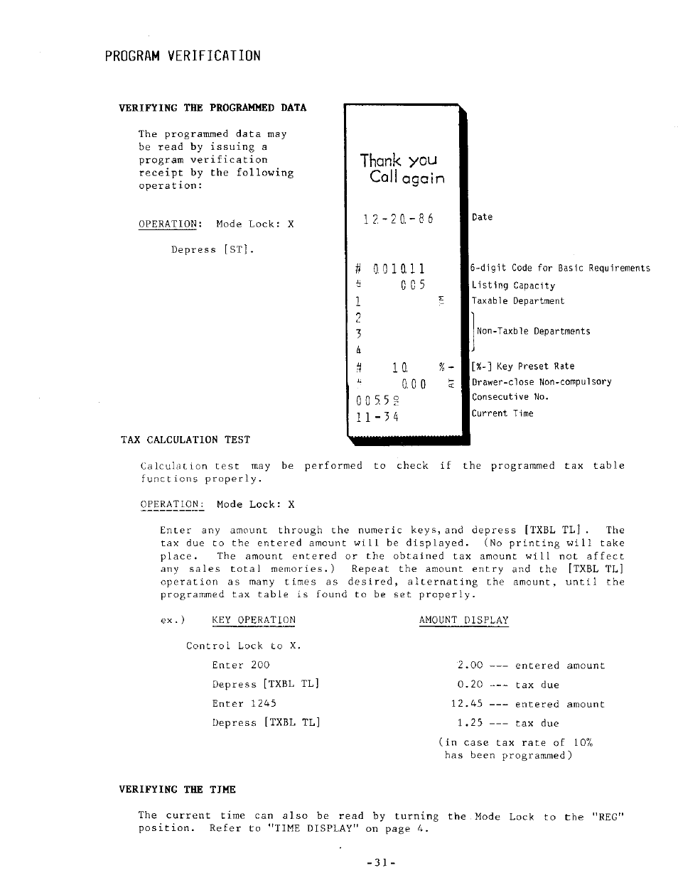 Program verification, Verifying the programmed data, Verifying the time | C c 5 | Toshiba MA-205 User Manual | Page 34 / 41