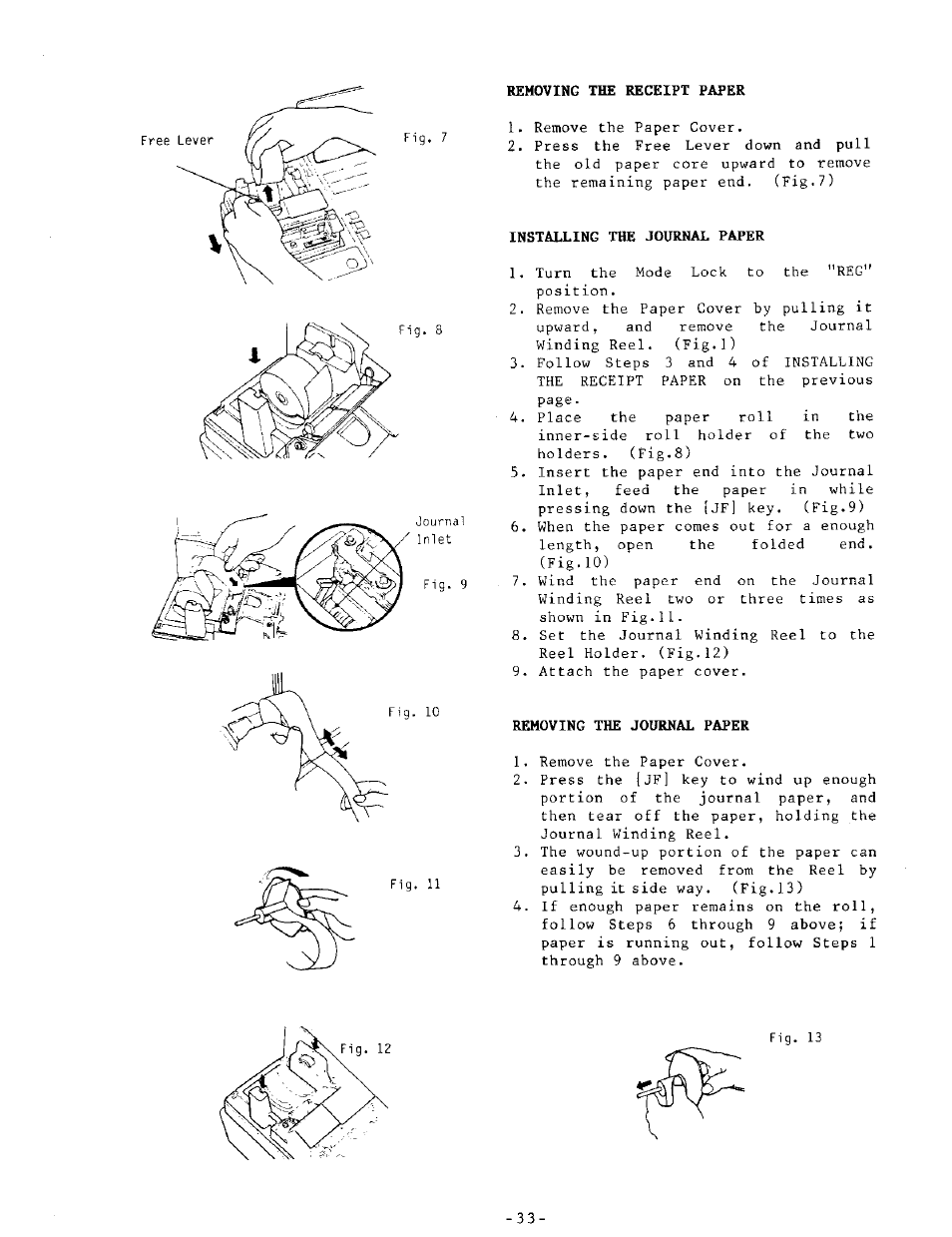 Removing the receipt paper, Installing the journal paper, Removing the journal paper | Toshiba MA-205 User Manual | Page 36 / 41