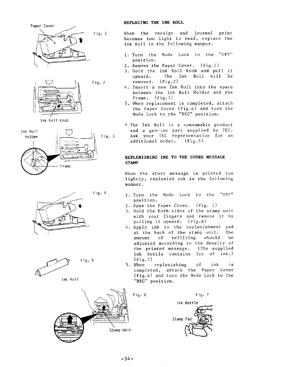 Replacing the ink roll, Replenishing ink to the store message stamp | Toshiba MA-205 User Manual | Page 37 / 41