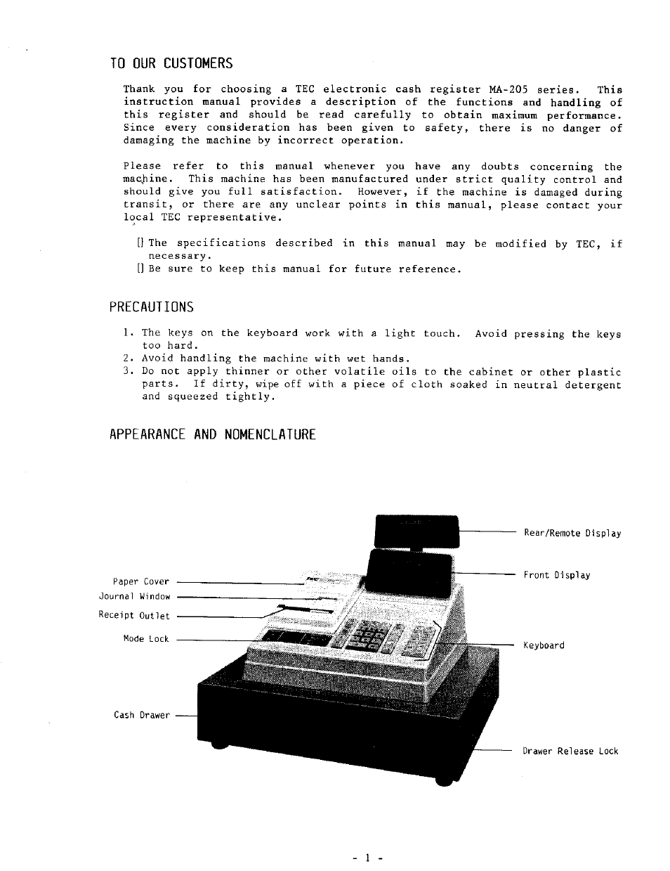 To our customers, Precautions, Appearance and nomenclature | Toshiba MA-205 User Manual | Page 4 / 41