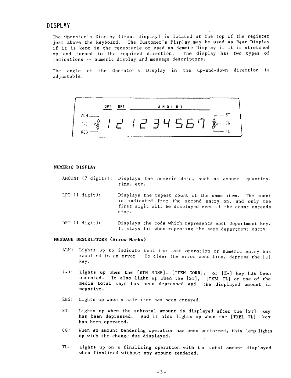 Display, Numeric display, Message descriptors (arrow marks) | Toshiba MA-205 User Manual | Page 6 / 41