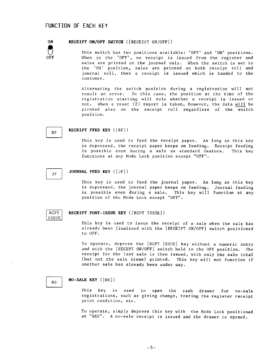 Function of each key, Receipt ffed key ([rf]), Journal feed key ([jf]) | Toshiba MA-205 User Manual | Page 8 / 41