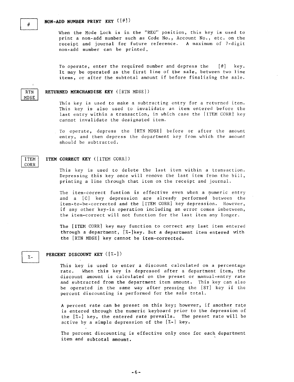 Non-add number print key c[^m), Percent discount key ([%-]) | Toshiba MA-205 User Manual | Page 9 / 41