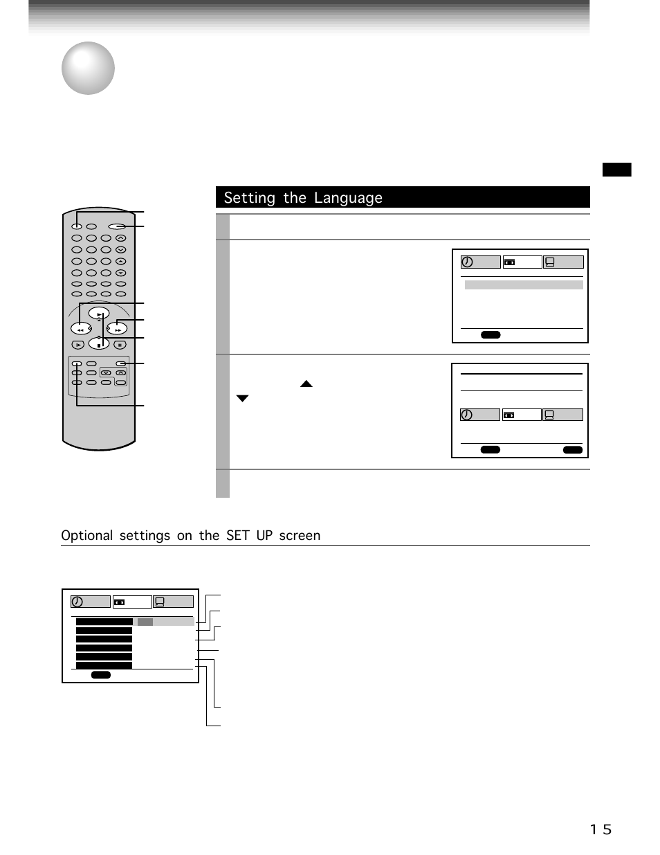 Initial settings using on-screen display, Setting the language, Enter | Prog, Power, Play/x2, Cursor, Stop, Press, Select the language using | Toshiba W-704C User Manual | Page 15 / 48