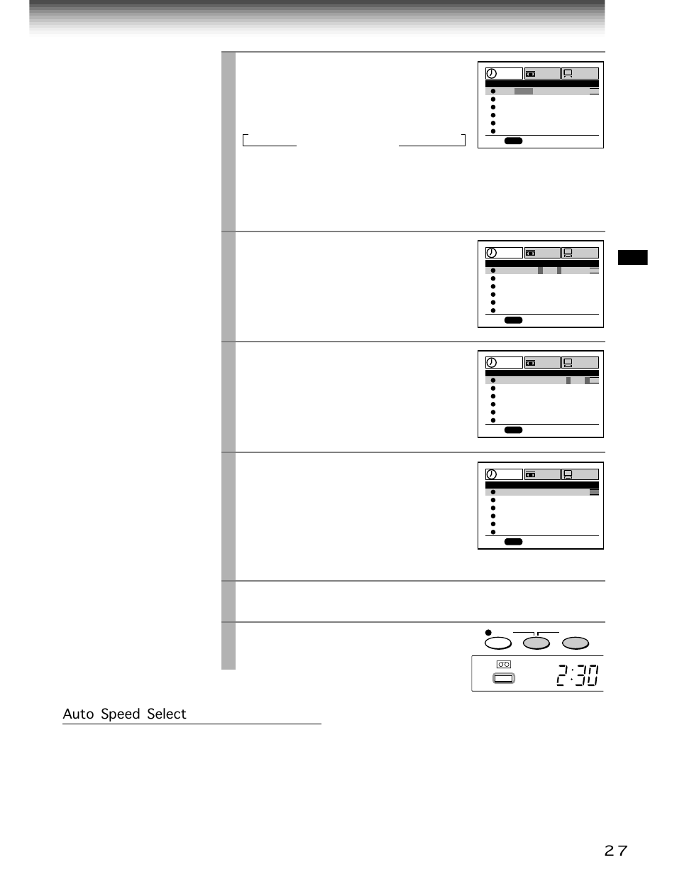 Play/x2, Stop, Prog | Timer, Auto speed select, Move to the next using, And set the recording date using, Move to the next, and set the recording off time, Press, Press both | Toshiba W-704C User Manual | Page 27 / 48
