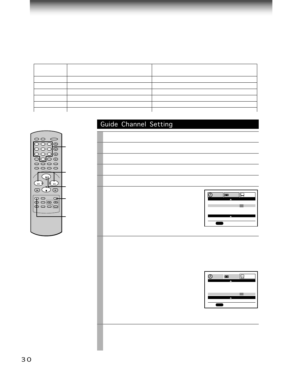 Vcr plus+ c, System set-up (continued), Guide channel setting | Prog, Enter, Play/x2, Stop, Press, Select “preset” using, And press | Toshiba W-704C User Manual | Page 30 / 48