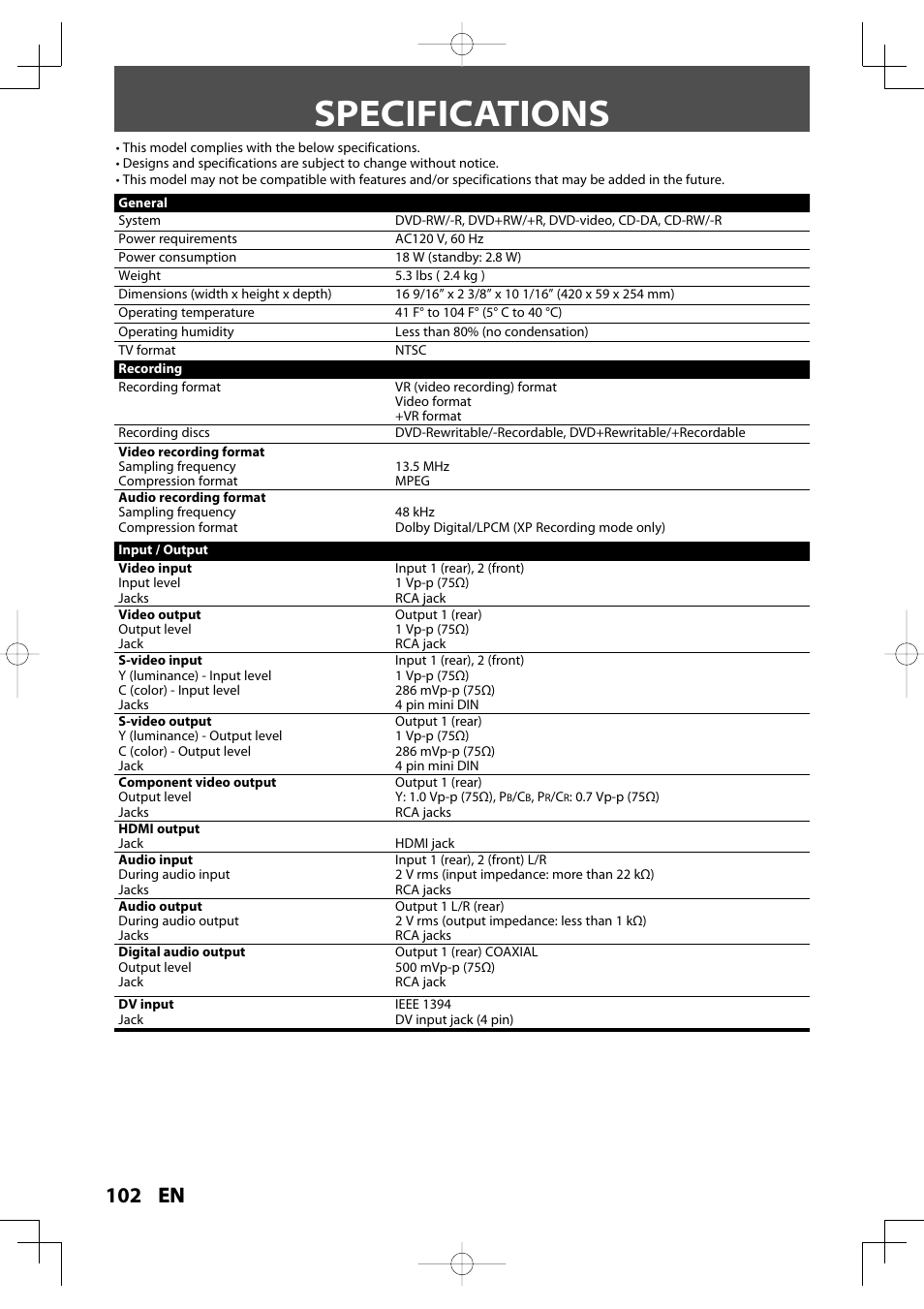 Specifications, 102 en | Toshiba D-R400 User Manual | Page 102 / 103