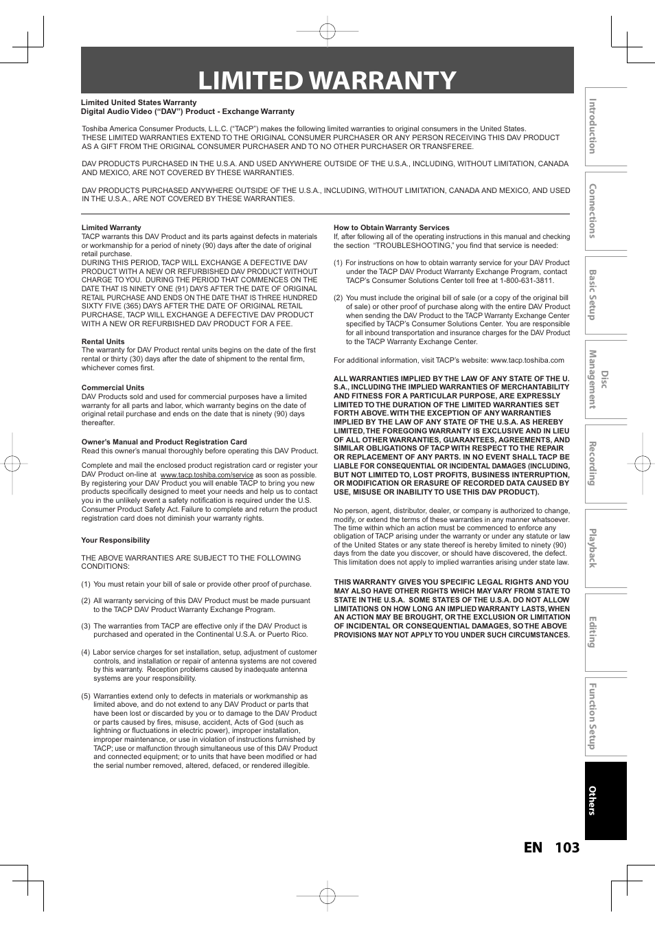 Limited warranty | Toshiba D-R400 User Manual | Page 103 / 103