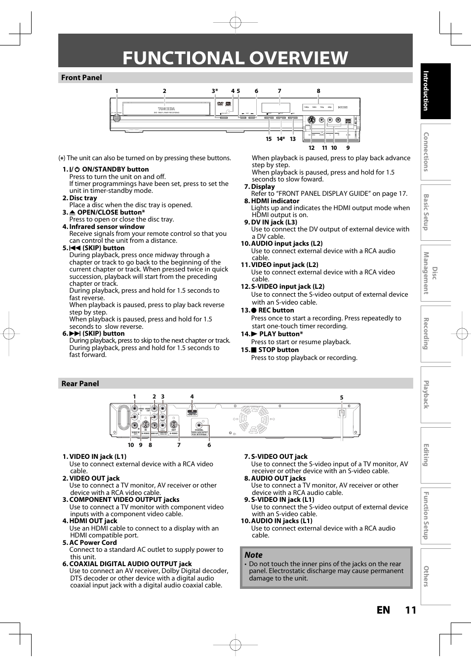Functional overview, 11 en 11 en, Front panel | Rear panel | Toshiba D-R400 User Manual | Page 11 / 103