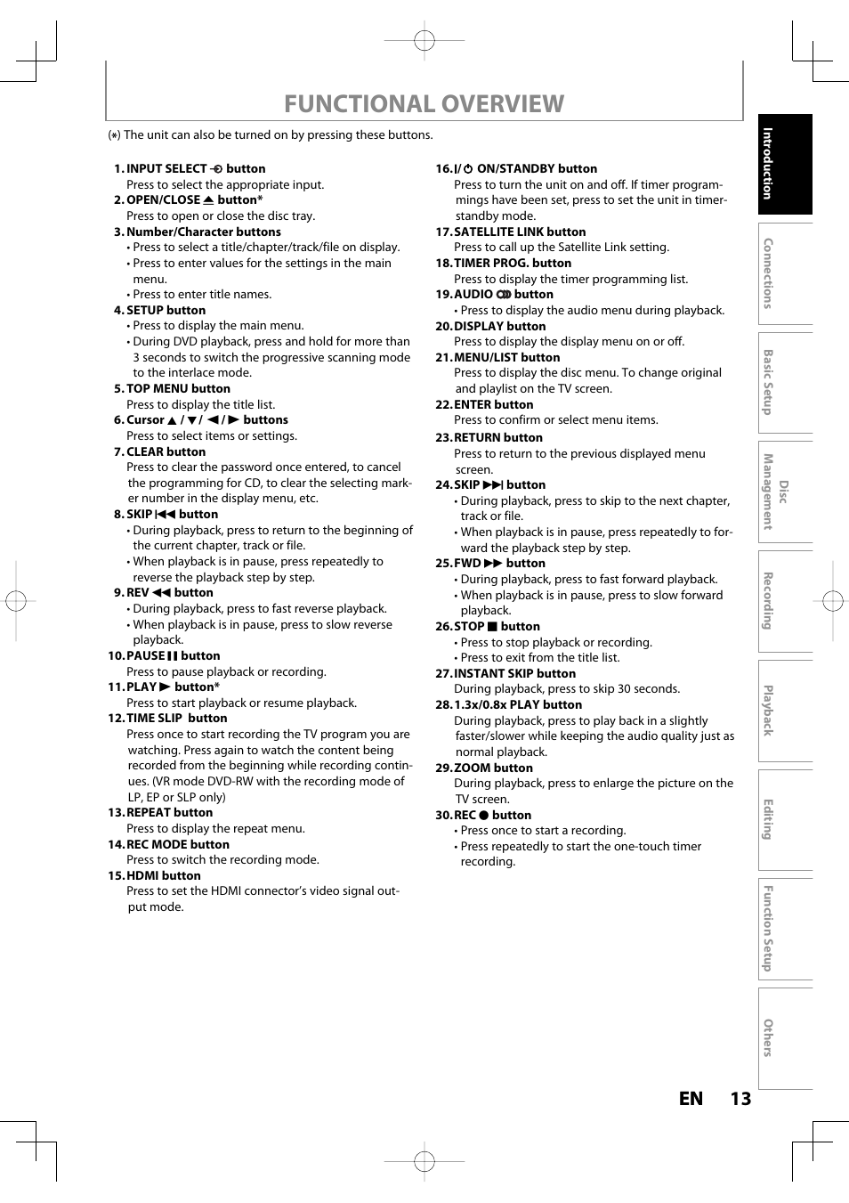 Functional overview, 13 en 13 en | Toshiba D-R400 User Manual | Page 13 / 103