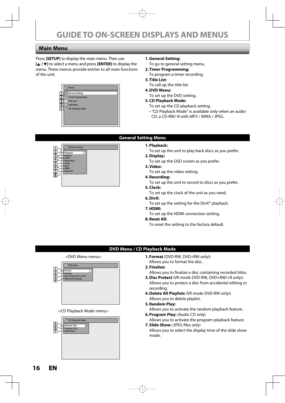 Guide to on-screen displays and menus, 16 en 16 en, Main menu | Toshiba D-R400 User Manual | Page 16 / 103