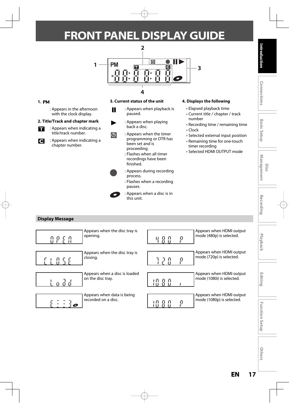 Front panel display guide, 17 en 17 en, Pm 1 4 2 3 | Toshiba D-R400 User Manual | Page 17 / 103